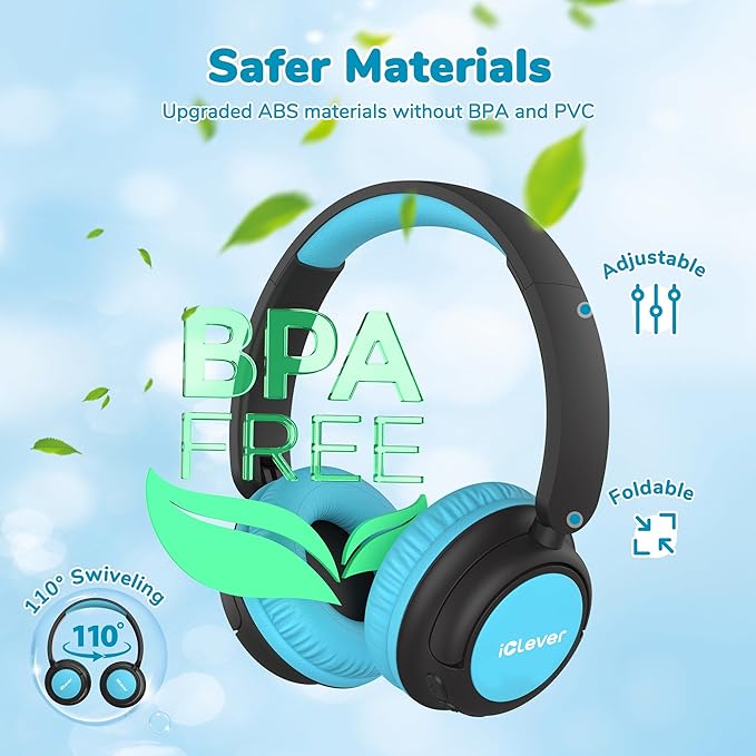 iClever BTH22 Kids Bluetooth Headphones, 60H Play Time, 74/85 dBA Safe Volume, Bluetooth 5.4, USB C, Over Ear Kids Headphones Wireless with Mic AUX Cord for iPad/Tablet/Travel/School (Black/Blue)
