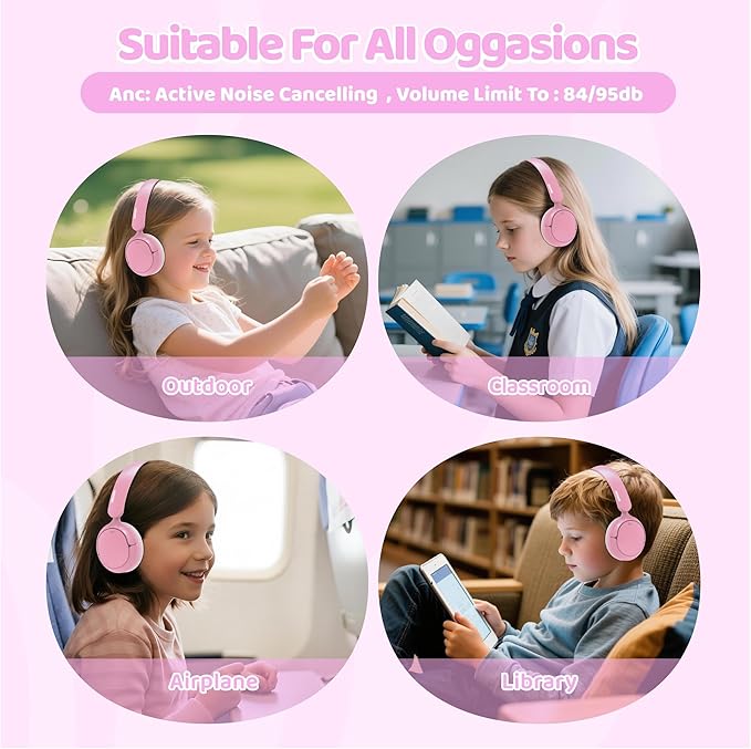 MIDOLA Kids Bluetooth Headphones Active Noise Cancelling,68H Play Time,Lightweight Wireless Foldable Over-Ear Headphone for Kid Toddler,Volume Limited 85/94dB,Headsets with Built-in Mic Pink
