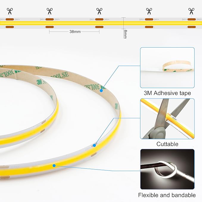 AXMOTUT 32.8ft COB LED Strip Lights 4000K Dimmable, High CRI 93+ with Power Adapter, Flexible Light Strips for Bedroom, Room, Kitchen, Mirror （Remote Control not Included）