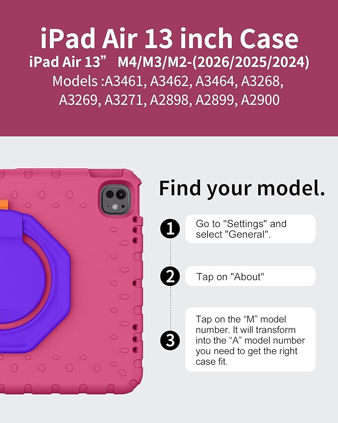for iPad Air 13 Inch Case (M4 2026 / M3 2025 / M2 2024), Heavy Duty EVA Protective Cover with Magnetic Charging Pencil Holder, 360° Rotating Stand, for Kids, Work & Travel, Rose Red
