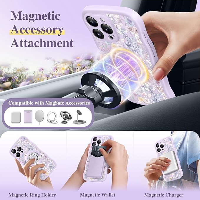 GVIEWIN for iPhone 16 Pro Max Case Compatible with MagSafe [Curly Wave Edge][Full Camera Protection] Floral Translucent Shockproof Magnetic Women Phone Case for 16 Pro Max, Apricot Blossom/Purple