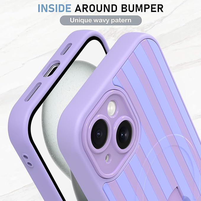 KANGHAR Compatible with iPhone 15 Case, Support for MagSafe, Silicone Stripes Cute Pattern, Wristband Kickstand Camera Protection Soft Slim Cover for Girls Women -Purple