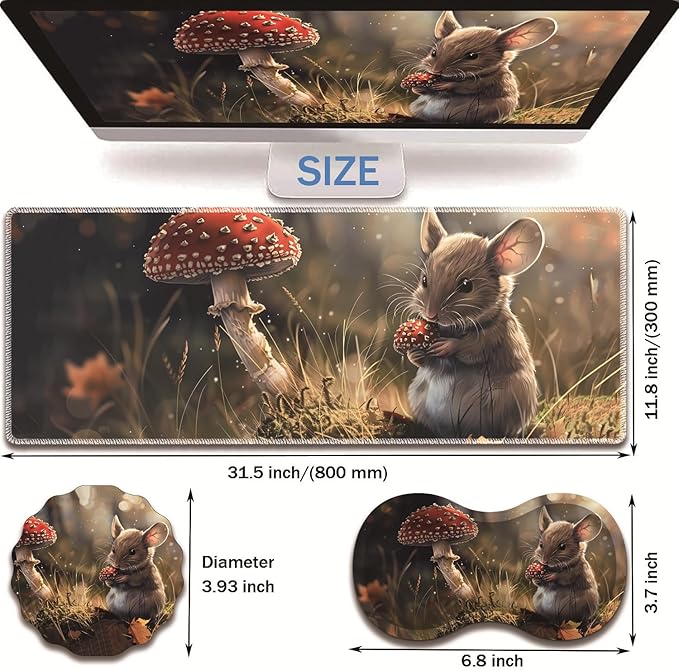 Extended Non-Slip Mouse Pad + Mouse Wrist Rest + Lace-Shaped Coaster Set, Ergonomic Design, Suitable for Desk and Home Gaming Table Mat, Hamsters and Mushrooms