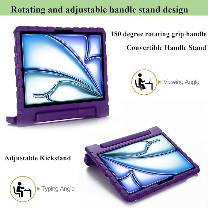 for iPad Air 11-inch Case M3/M2 (2025/2024) for Kids with Pencil Holder/Kickstand, Anti-Slip Handle Stand Lightweight Soft EVA Foam Shockproof Rugged Bumper Tablet Protective Cover, Purple
