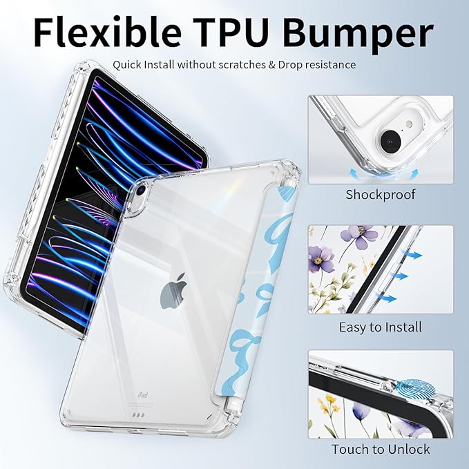 Slim Case for iPad Air 11 Inch M3 (2025)/ M2 (2024), iPad Air 10.9" 5th/4th Generation Case 2022/2020 with Pencil Holder, Trifold Stand Transparent Clear Back Cover, Blue Bows
