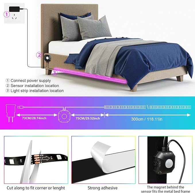 Motion Activated Under Bed Lights,9.84FT App Control Dimmable Night RGB Led Strip Lights,Motion Sensor LED Light Strip with 5V USB, Variety Color Dynamic Modes Music Sync for Cabinet Bedroom Stairs