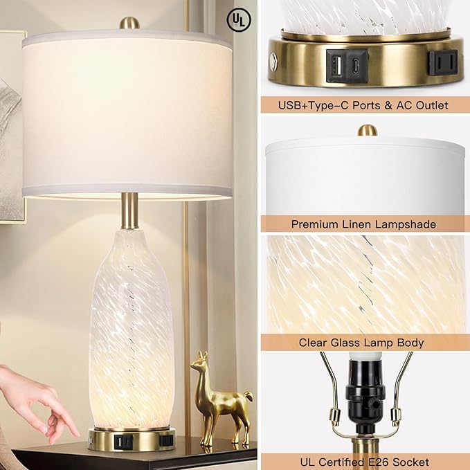 Rinweey 26" Modern Clear Glass Table Lamps Set of 2,Nightstand Lamp with USB A+C Ports & AC Outlet,Bedside Lamps with 3-Way Dimmable Touch Control Night Light for Bedroom Living Room(Bulbs Included)