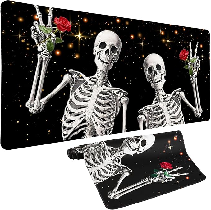 Love, Roses and Skulls Mouse Pad Desk Mat, Waterproof Black XXL Extended Large Gaming Mouse Pad Halloween Skull Rose Desk Pad Mousepad XXL Extended Keyboard Mat Mouse Mat, 31.5 x 15.7 in