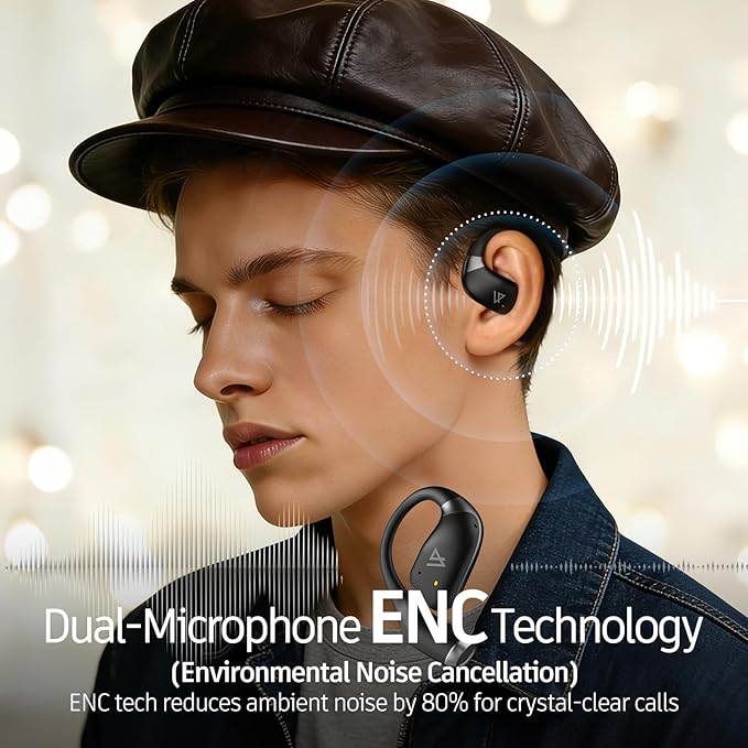 Open Ear Earbuds Wireless Bluetooth 5.4, 40H Playback Open Ear Headphones with Ear Hooks, ENC Noise Cancelling, IP55 Waterproof Sports Earbuds for Running Gym Workout Travel, Deep Bass Stereo