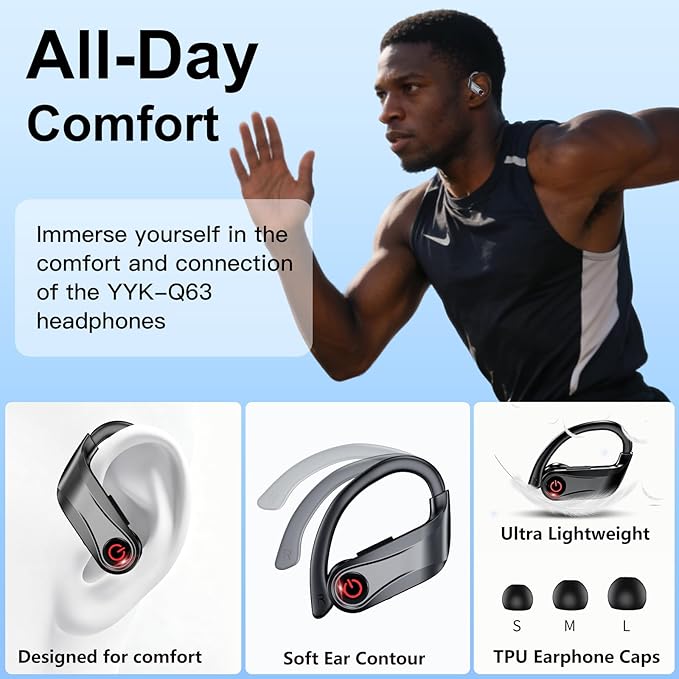 2026 Wireless Earbuds 120hrs Bluetooth 6.1 Headphones Sports Ear Hook with Mic, Noise Canceling Ear Buds with Charging Case, Easy Button Controls Dual LED Display Case Sweat and Water Resistant Black