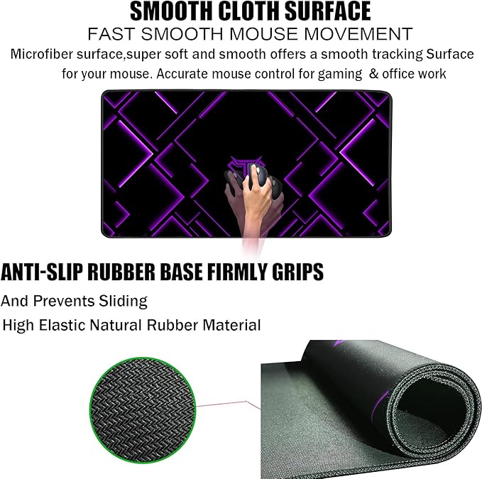 TEDNETGO Large Extended Gaming Mouse Pad, Long Mouse Pads, Extra Large Big Mouse Pad with Stitched Edge, XXL Non-Slip Computer Computer Keyboard Mat for Gamer/Desktop/Office/Home, Purple