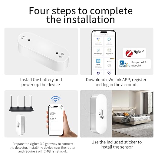 Zigbee Temperature Sensor, Humidity Sensor Thermometer for House, Compatible with Alexa & Google Assistant, eWeLink APP for Remote Monitoring and Home Automation, ZigBee 3.0 Hub Required