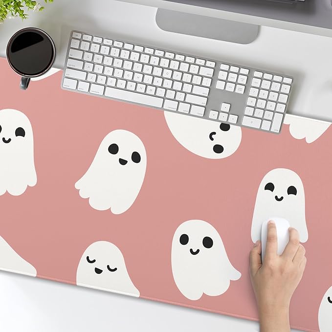 Halloween Cute Ghost Mouse Pad Kawaii Cartoon Spooky Funny Spirit Extended Desk Mat Non-Slip Rubber Base Stitched Edge Large XL Pink White Mousepad for Desk Gaming Laptop Desktop,31.5×11.8 Inch