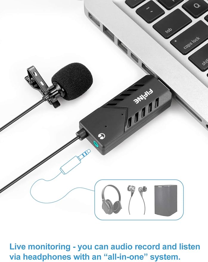 Fifine USB Lavalier Lapel Microphone, Clip-on Cardioid Condenser Computer Mic Plug and Play USB Microphone with Sound Card for PC and Mac-K053