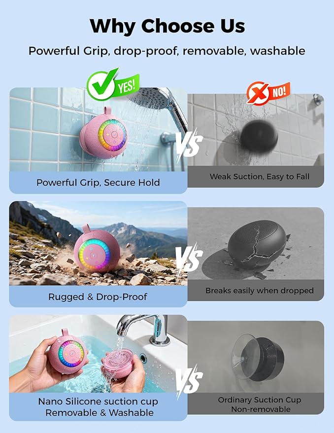 Shower Speaker Bluetooth Waterproof Portable: 360° Surround Sound, IPX7 Suction Cup Removable with Vacuum Exhaust Knob, RGB Lights, Beach/Pool/Camping/Kayak Essentials, Gifts for Mom Teens-Pink