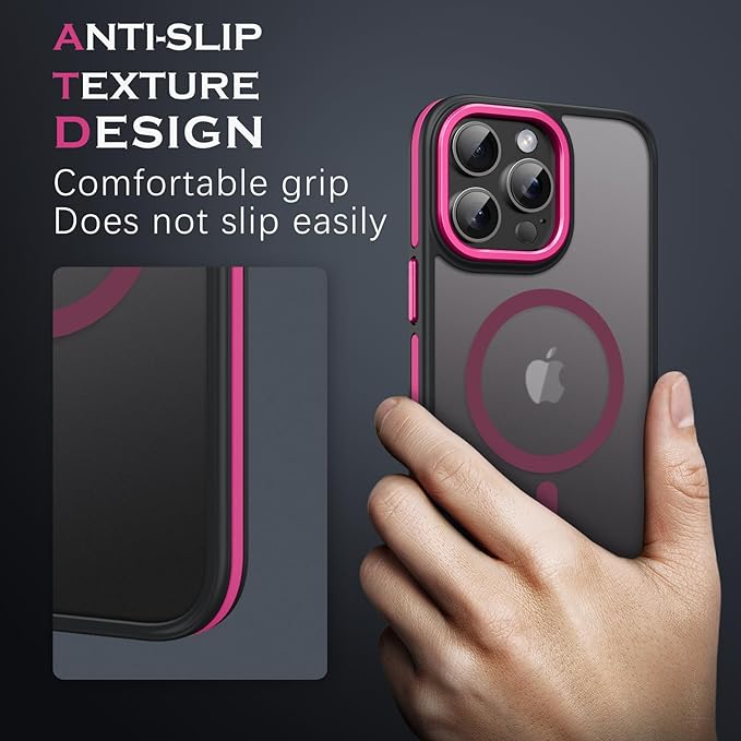 YINLAI Case for iPhone 16 Pro 6.3-Inch, iPhone 16 Pro Phone Case Magnetic [Compatible with Magsafe] Slim Translucent Matte Men Women Girls Shockproof Protective Back Cover, Black/Hot Pink