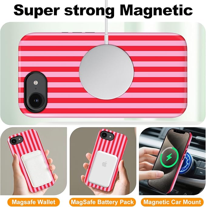 Magnetic for iPhone 16e Case Cute Stripes Phone Case, Shockproof Slim TPU and Hard PC Protective Phone Cover Compatible with MagSafe Designed for Women Girls, Red and Pink