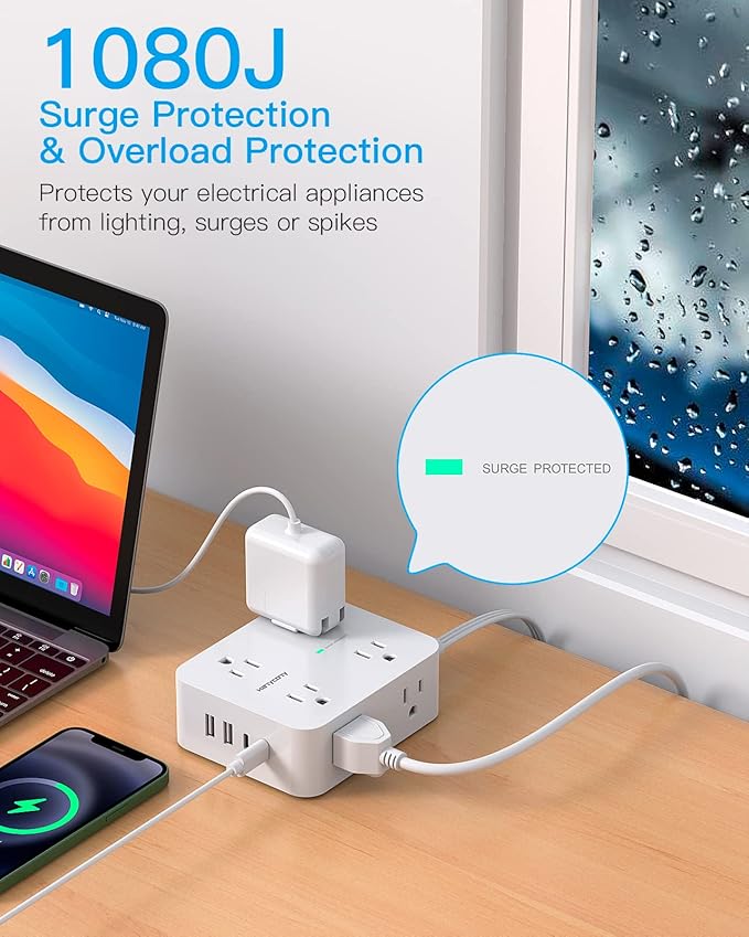 Extension Cord 10 Ft, Ultra Thin Flat Plug Power Strip Surge Protector with 8 Outlets 4 USB Ports (2 USB C), HANYCONY Outlet Extender Desk Charging Station for Home Office Dorm Room Essentials
