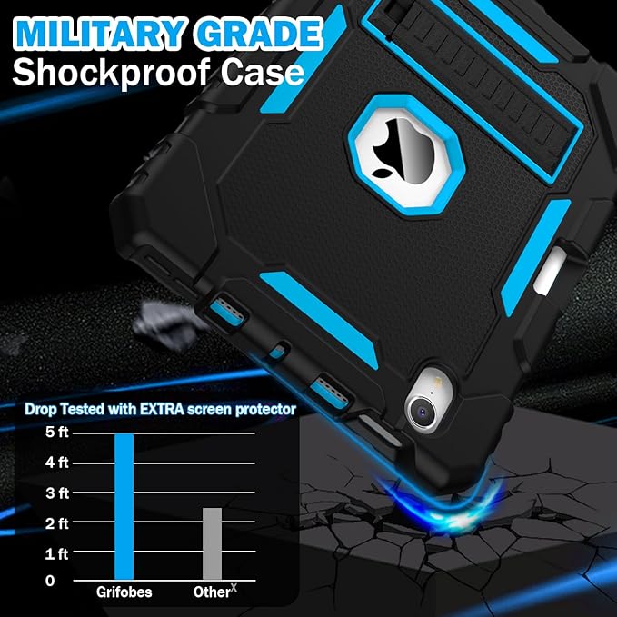 Grifobes Case for iPad mini 7 (A17 Pro) 2024 / Mini 6 2021 8.3 inch, Heavy Duty Shockproof Rugged Cover with Pencil Holder Stand, for I Pad Mini 7th/6th Gen 8.3" Case (Black+Blue)