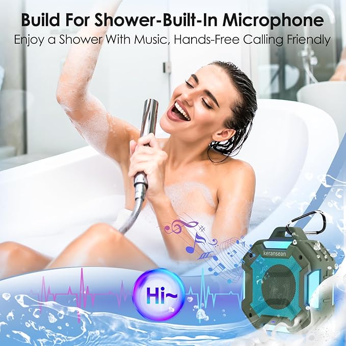 Shower Bluetooth Speaker Waterproof, Portable Small Speaker, Outdoor Bluetooth Speakers Wireless, LED Light, BT5.4, 24H Playtime, Built in Mic, Powerful Sound for Party, Unisex Gifts for Adults-Green