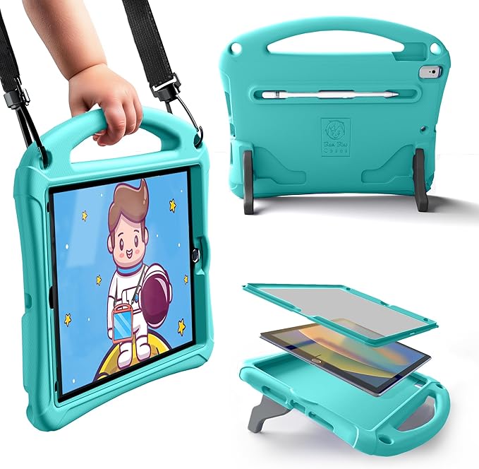 Bam Bino Space Suit iPad 9th Generation Case Kids, iPad 8th/7th/10.2 inch iPad Case for Kids | Lightweight Cover with Screen Protector, Handle, Stand, Shoulder Strap, Pencil Holder (Turquoise)