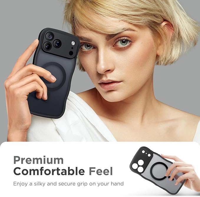 CAPRARO Magnetic for iPhone 17 Pro Max Case for Women Girls, Upgraded [Full Camera Protection] [Compatible with MagSafe] Cute Wave Translucent Matte Phone Case for iPhone 17 Pro Max, Black