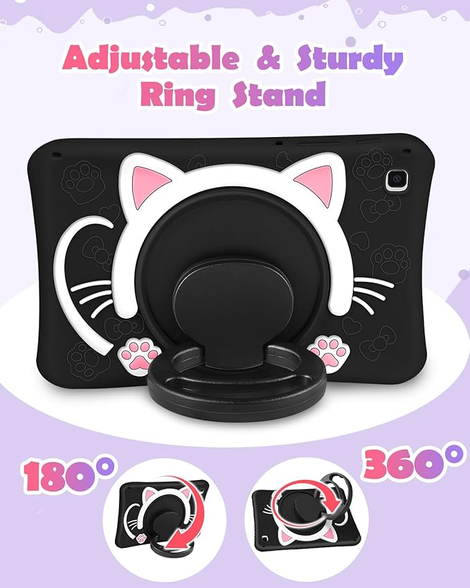 Wazzasoft for Samsung Galaxy Tab A7 Lite 8.7” Case Girls Cute Black Cat Cover Kawaii Girly Women Kitten with Rotating Handle Stand & Strap Soft Silicone Funda for Galaxy A7 Lite Table Cases 2021
