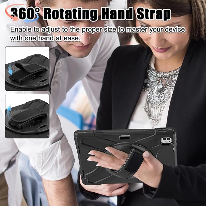 Batianda Case for iPad Pro 13-inch 2025 M5 2024 M4 Chip Heavy Duty Rugged Durability Silicone Tablet Cover with 360° Rotating Hand Strap Foldable Hidden Stand & Shoulder Strap, Black