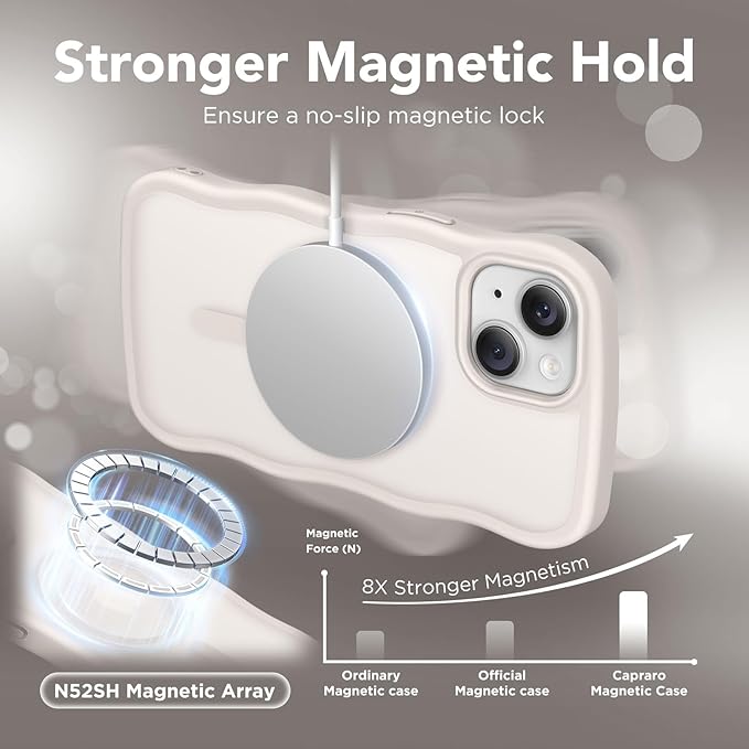 CAPRARO Cute for iPhone 13 Case & iPhone 14 Case, Compatible with MagSafe, [Curly Wave Edge] [Camera Protection] [14 FT Drop Protection] Magnetic for iPhone 13/14 6.1 Inch, Stone