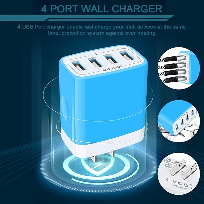 Wall Charger, USB Charger Adapter, AILKIN 4.8A 4Multi Port Fast Charging Station Power Base Block Plug Cube Brick for iPhone, iPad, Samsung Galaxy, Moto, Google Pixel, Kindle Fire Plug Cargador Carro