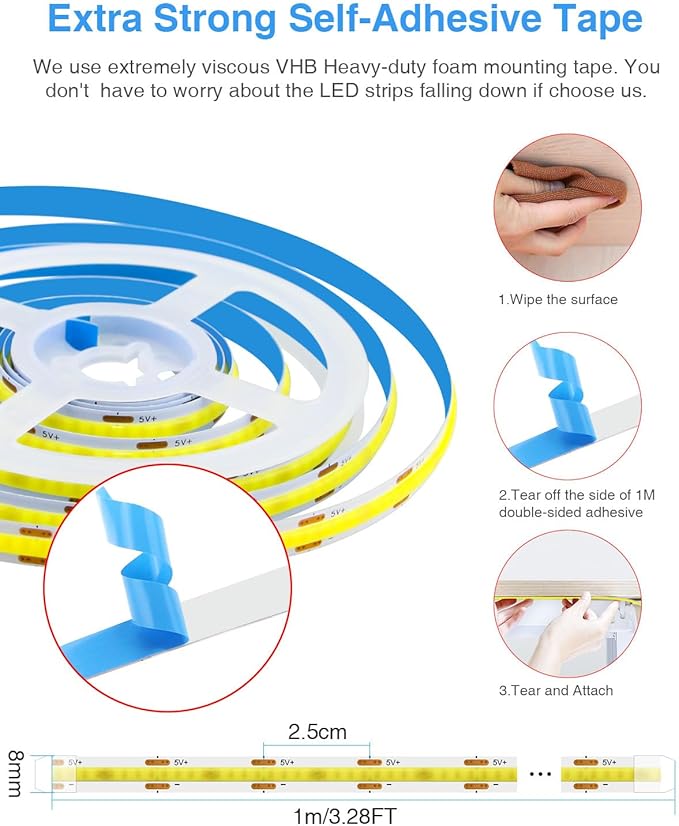 Aclorol COB LED Strip Light 5V USB 1M/3.28FT Warm White 3000K Flexible LED TV Backlight with Self-Adhesive 8mm Width for Bedroom Bedframe Kitchen Sideboard Lighting Project CRI90+ 320LEDs/M (2 Pack)