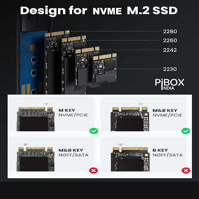 NVME M2 Enclosure, PiBOX India NVMe SSD Enclosure - USB 3.2 10Gbps, Tool-Free M.2 NVMe Case, PCI-E NVMe Reader, USB-C, Supports M & B&M Keys, 2230/2242/2260/2280 SSDs, REALTEK RTL9210 Chipset
