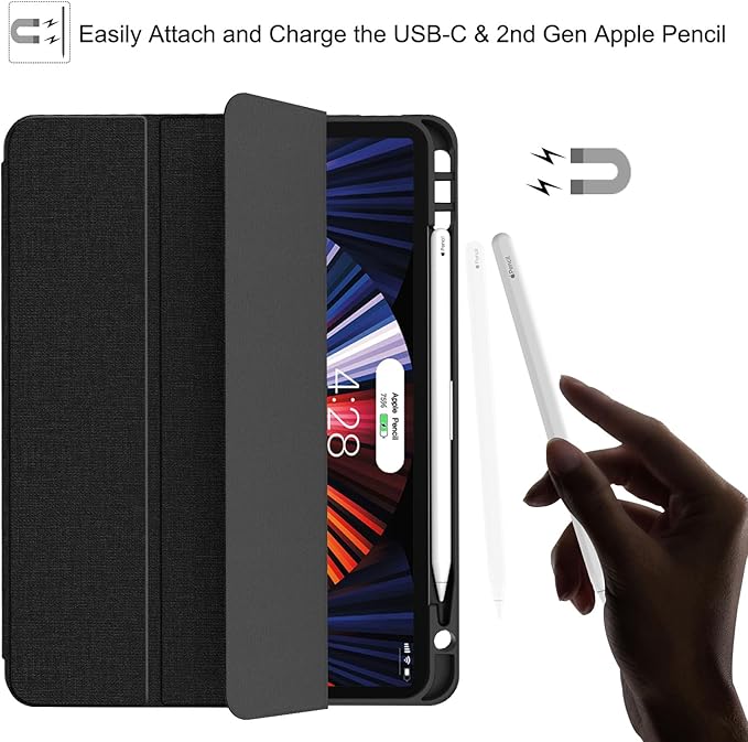 Soke for iPad Pro 11 Case (M2) 2022/2021/2020 with Pencil Holder - [Full Body Protection + Apple Pencil Charging + Auto Wake/Sleep], Soft TPU Back Cover for 2022 iPad Pro 11 inch(Black)