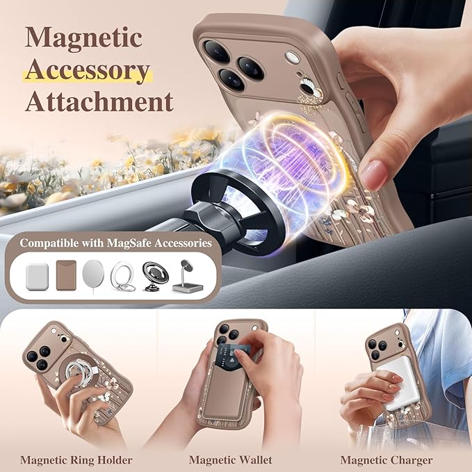 GVIEWIN for iPhone 17 Pro Case Compatible with MagSafe [Curly Wave Edge][Full Camera Protection] Floral Translucent Shockproof Magnetic Women Phone Case for iPhone 17 Pro 6.3'', Autumnflit/Brown