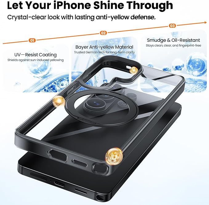 360°Ring Stand for Samsung Galaxy S26 Ultra Case with 1X Screen Protector +1X Camera Cover,Fit for MagSafe, Anti-Yellowing & Scratch-Resistant Back Phone Case for Galaxy S26 Ultra 6.9", Clear Black