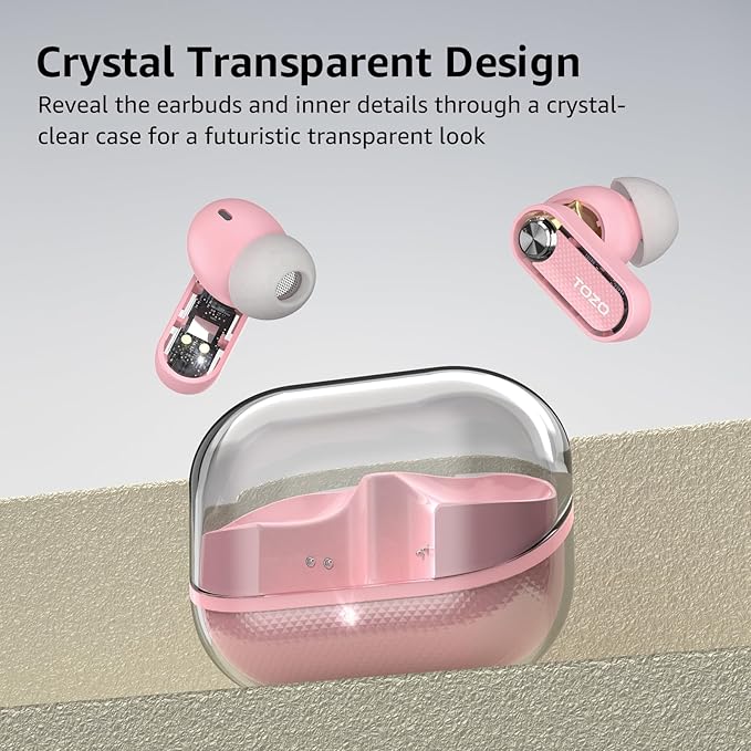 TOZO Crystal Pods Hybrid Active Noise Cancelling Wireless Earbuds, 10mm Drivers Deep Bass, 4 Mics Smart ENC AI Calls, Real-Time AI Translation, 32 EQ via App, Bluetooth 5.4, Crystal Design