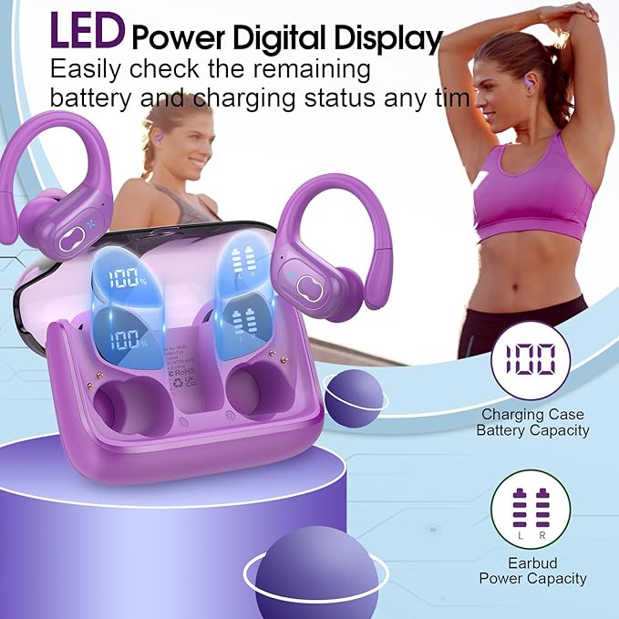 Wireless Earbuds 75hrs Bluetooth 5.4 Headphone Sport, 2026 Bluetooth Earbuds Stereo Deep Bass Over Ear Bud with Earhooks, ENC Noise Cancelling Mic, IPX7 Waterproof Earphone for Gym/Workout, Purple