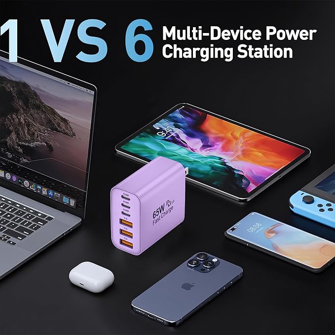 USB C Charger Block,65W 6-Port USBC Charging Block,Wall Charger iPhone Charger Fast Charging,Multiport Type C PD+QC Power Plug for All iPhone 17 16 15 iPad Samsung S23 S24 iWatch Pixel Series (Purple)