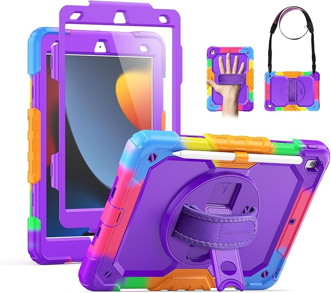 SEYMAC Kids Case for iPad 9th/8th/7th Generation 10.2 Inch with Screen Protector, Rotatable Hand Strap/Stand, Shoulder Strap, Shockproof Heavy Duty Protective Case for iPad 10.2, Colorful Purple