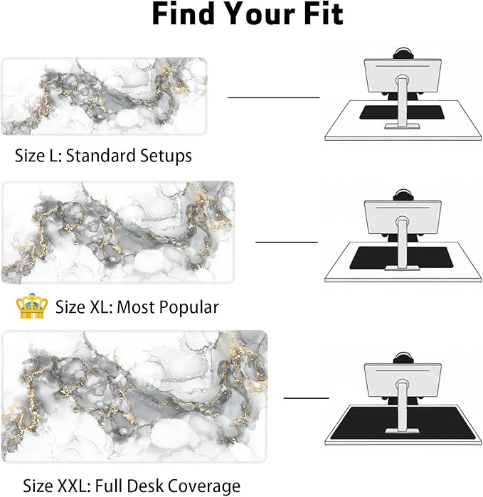 Large Gaming Mouse Pad (31.5x11.8in) - White & Gold Abstract Marble Design, Grey Liquid Ink Art - Extended Desk Mat, Elegant Modern Office Decor, Non-Slip Rubber Base