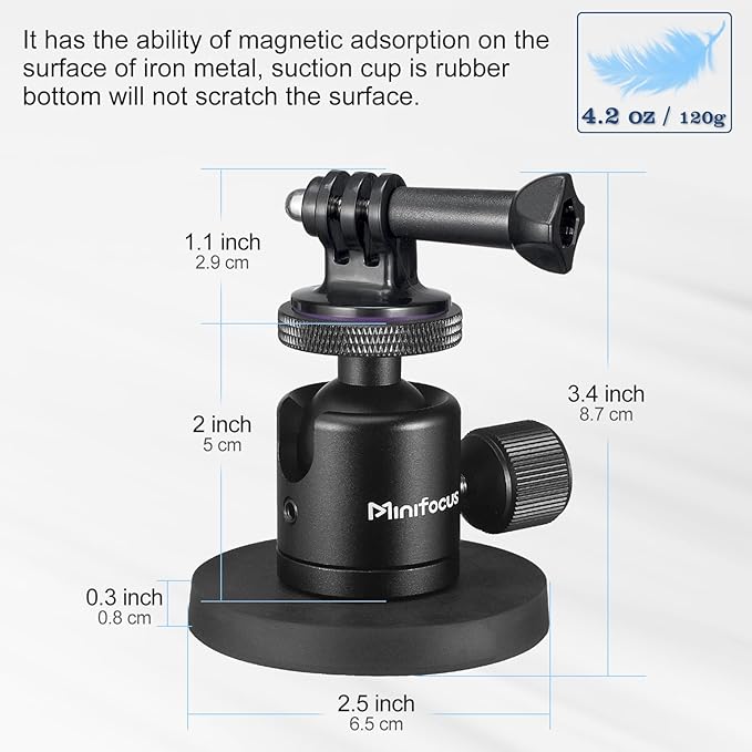 Magnetic Camera Mount for Action Camera, Super Strong Rubber Magnet with 360° Rotation Ball Head, 1/4"-20 Male Thread Screw, Magnet Camera Stand for GoPro, Insta 360, DJI Osmo Action Nano
