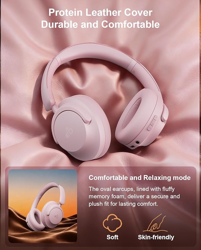 Hybrid Active Noise Cancelling Headphones, Over-Ear Bluetooth Headphone with Hi-Res Audio, 60H Playtime, Deep Bass, Transparency Mode, Foldable Comfort Ear Cups, Ideal gift for Travel Office - Pink