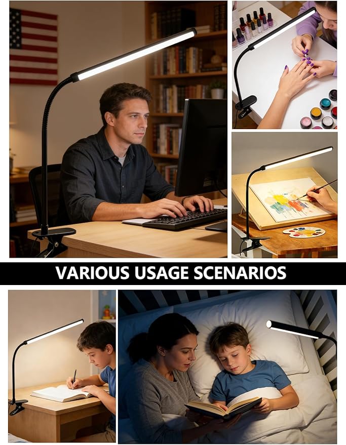 2 Pack LED Clip On Reading Light,Desk Lamp with Clamp,Clip On Table Light Bar,Curved Monitor Light Bar for Home Office,Bedside Bedroom Lamp,Dormitory Study Light,Workbench Task Lighting