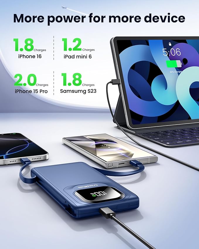 Portable Charger with Built-in Cables,22.5W Super Fast Charging Power Bank Slim Phone Charger,10000mAh Travel Battery Pack Battery Bank with Smart LED Display for iPhone, Android & USB-C (Blue)