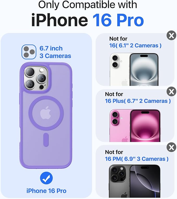 Magnetic for iPhone 16 Pro Case,[Compatible with MagSafe][Military-Grade Drop Protection][Anti-Yellowing]Shockproof Protective Translucent Matte Cover for iPhone 16 Pro Phone Case,Light Purple