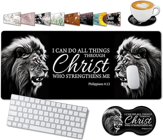 Large Gaming Mouse Pad,31.5x11.8in Extended Computer Mouse Mat with Non-Slip PU Base, Ergonomic Memory Foam Keyboard Wrist Rest, for Work Gaming, Fierce Lion Philippians 4:13 Black Office Desk Pad
