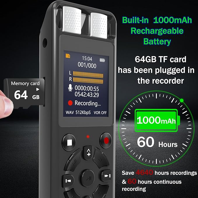 64GB Digital Voice Activated Recorder for Lectures&Meetings,Phone Connected via OTG,4640 Hours Audio Recorder with Tripod Stand,Recording Device with Playback,MP3 Player,Password,Variable Speed