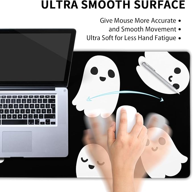 Halloween Cute Ghost Mouse Pad Large Kawaii Cartoon Spooky Funny Spirit Extended Desk Mat Non-Slip Rubber Base Stitched Edge Large XL Black White Mousepad for Desk Gaming Laptop Desktop,24x14 Inch