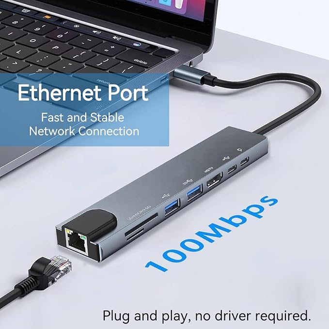 USB C Hub Multiport Adapter, 8 in 1 USBC Dongle with 4K HDMI, RJ45 Ethernet, 100W PD Charging, USB 3.0, SD/TF Card Reader, USB-C Docking Station for MacBook Pro/Air, Dell, HP and Other Type C Devices