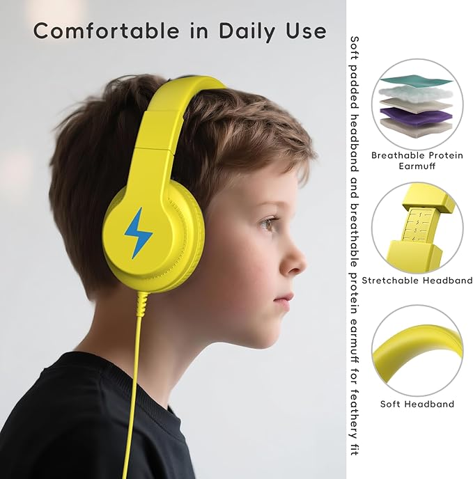 Candy Bila Kids Headphones, Wired Headphones for Kids Over Ear with Microphone, 85/94dB Volume Limiter Headphone for Girls Boys, Foldable Headphone for Learning & Entertainment, Yellow